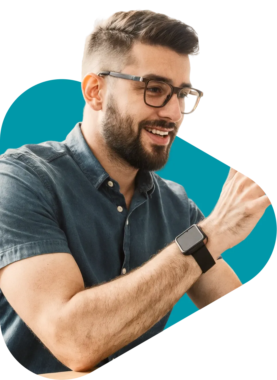Smiling man wearing glasses on a video call with a QuickMD provider
