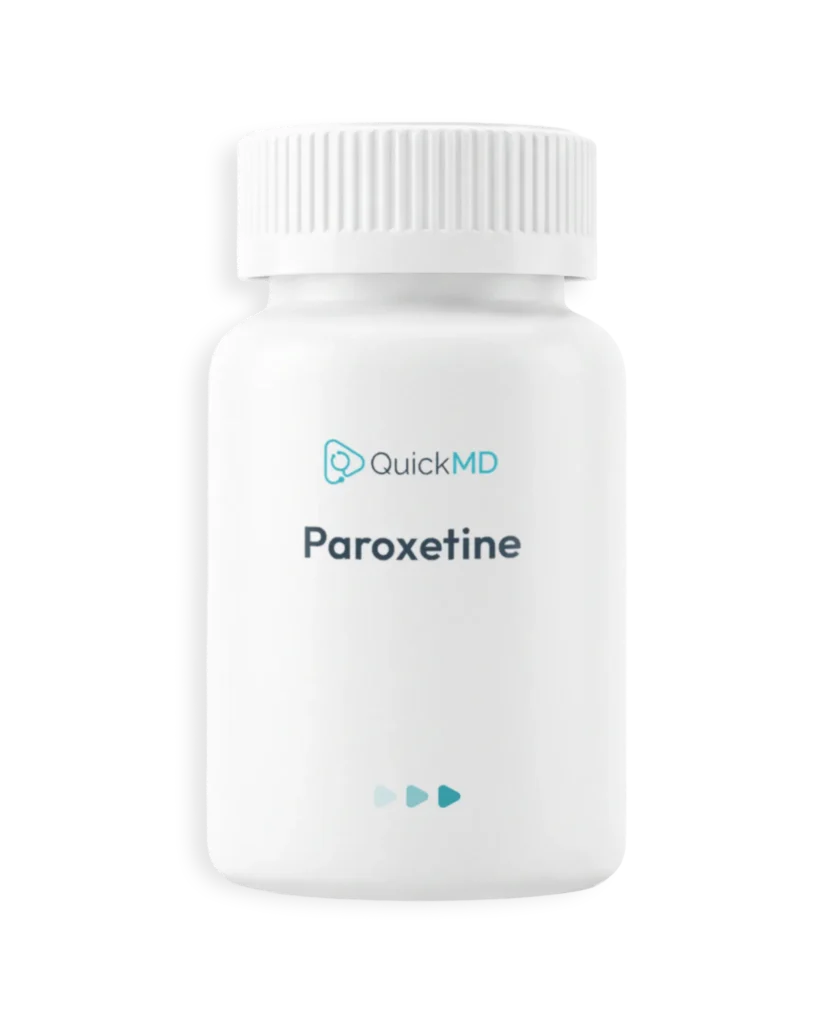 QuickMD Paroxetine medication bottle, white pill container with child-resistant cap for SSRI antidepressant treatment