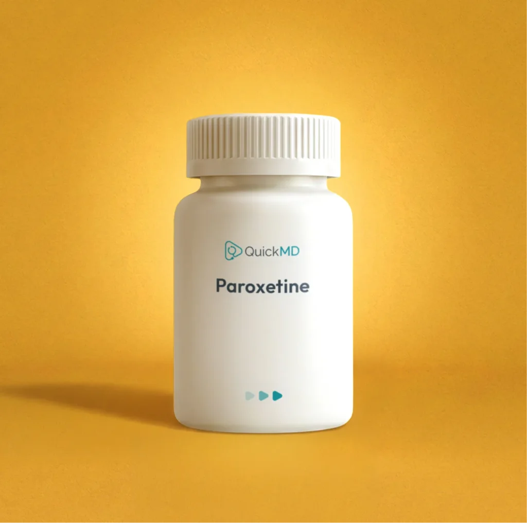 QuickMD Paroxetine medication bottle, a white pill bottle with child-resistant cap on a yellow background.