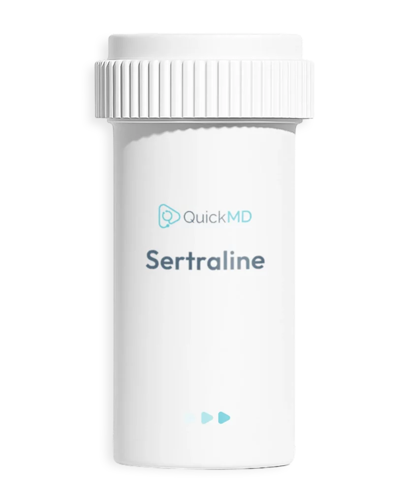 QuickMD Sertraline prescription medication bottle with white childproof cap