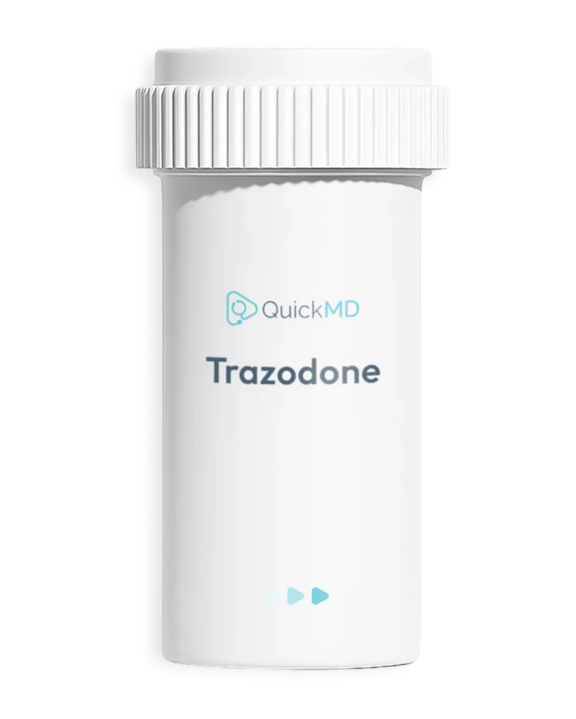QuickMD Trazodone prescription medication bottle with child-resistant cap on white background