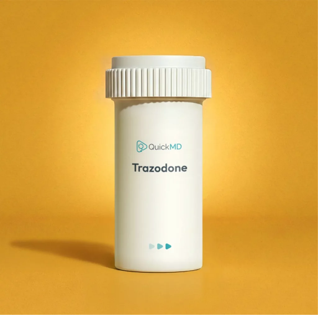 QuickMD Trazodone prescription medication bottle with white cap on a yellow background