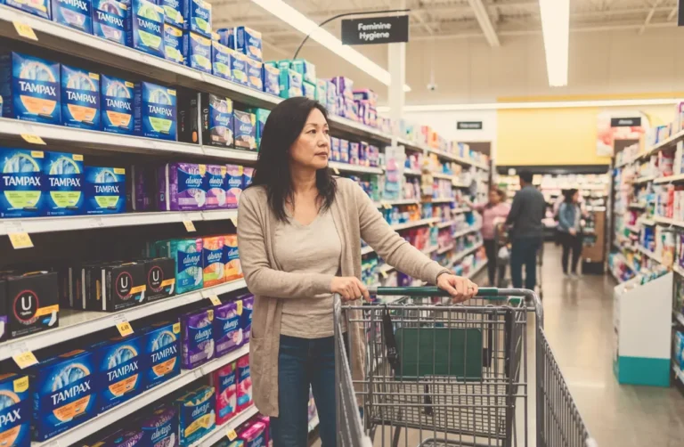 Woman pushing a shopping cart while browsing feminine hygiene products in a grocery store aisle.