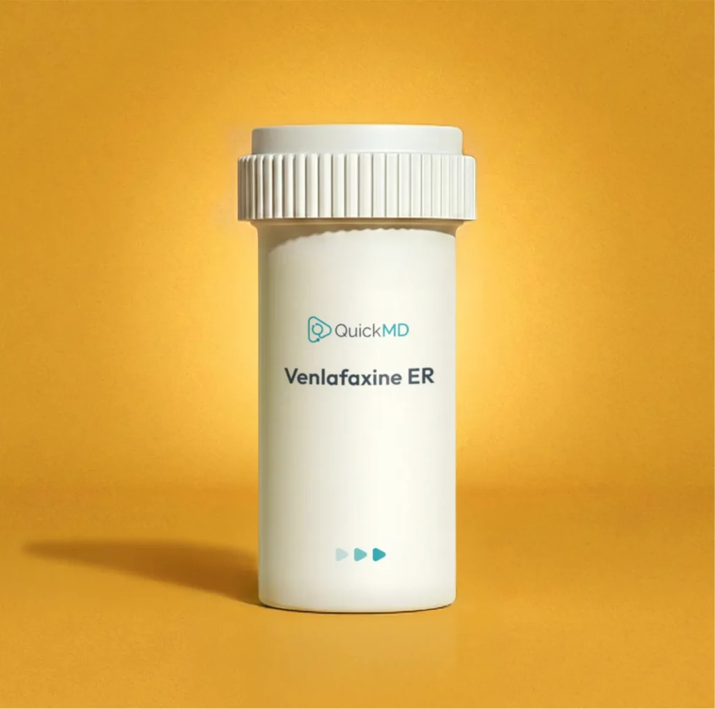 QuickMD Venlafaxine ER medication bottle with white child-resistant cap on a golden yellow background