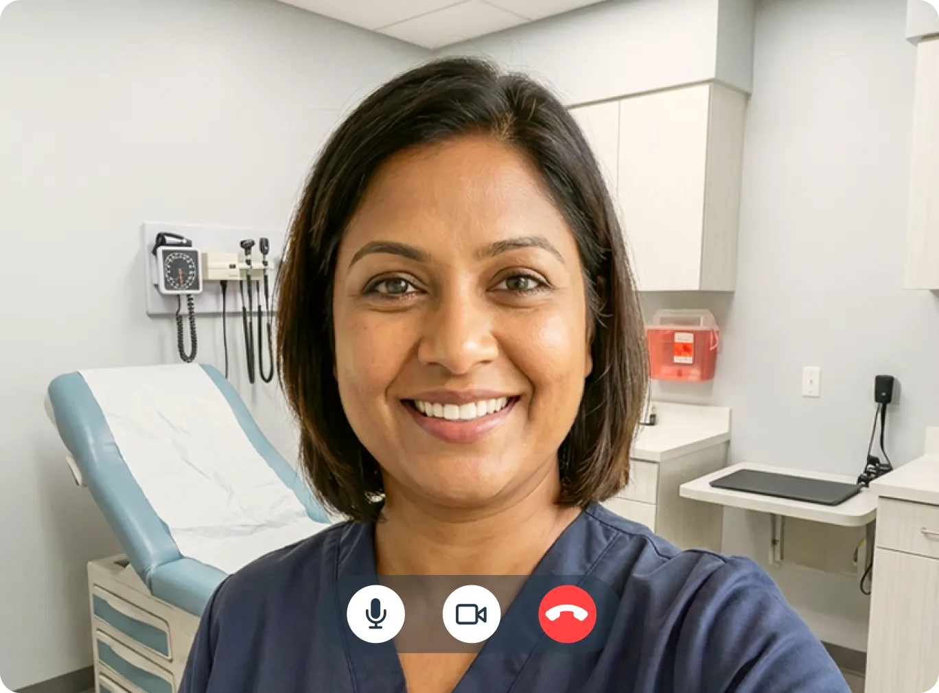 Smiling female doctor in navy scrubs on a telehealth video call in a medical exam room
