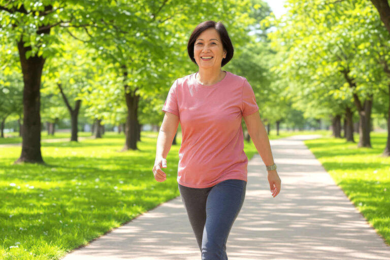 woman walking in the park reflecting on hormone therapy