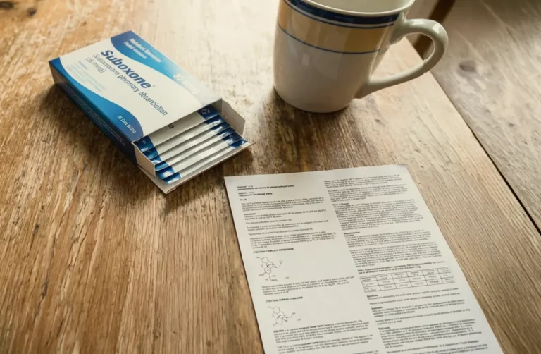 Box of Suboxone sublingual film strips on a table next to a cup and medication instructions, illustrating at-home treatment and guidance from a telehealth provider like QuickMD.