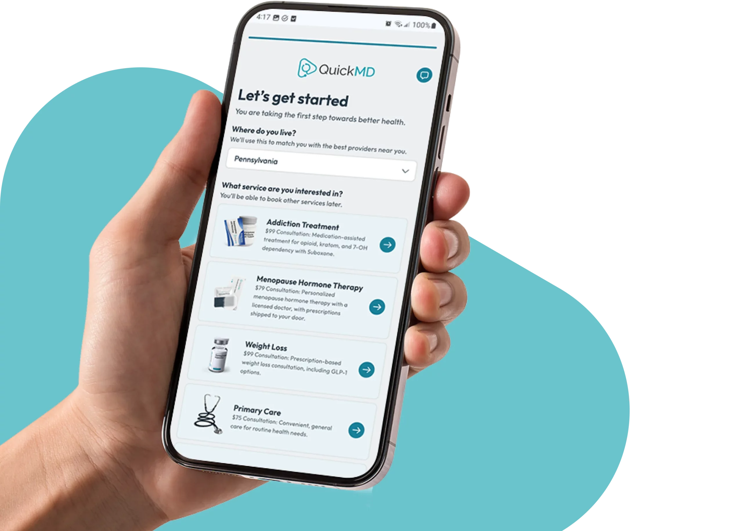 Hand holding a smartphone displaying the QuickMD app with Suboxone addiction treatment and telehealth service options