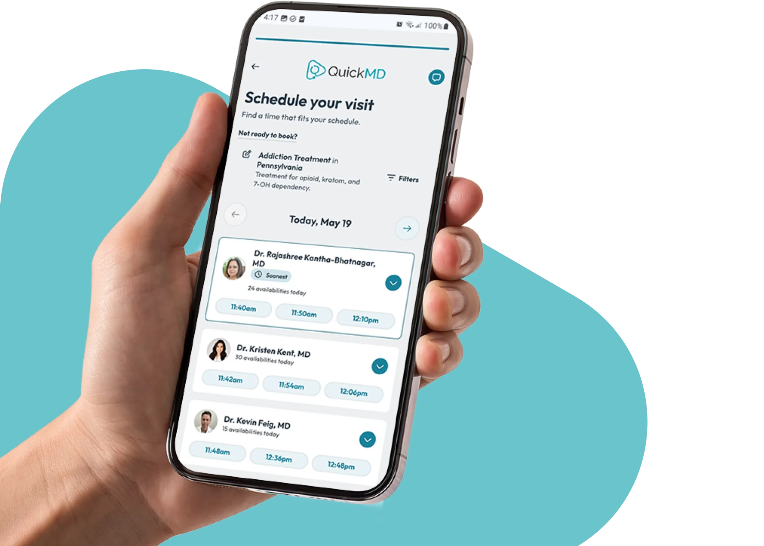 Hand holding smartphone displaying QuickMD app's doctor scheduling screen for Suboxone addiction treatment visits