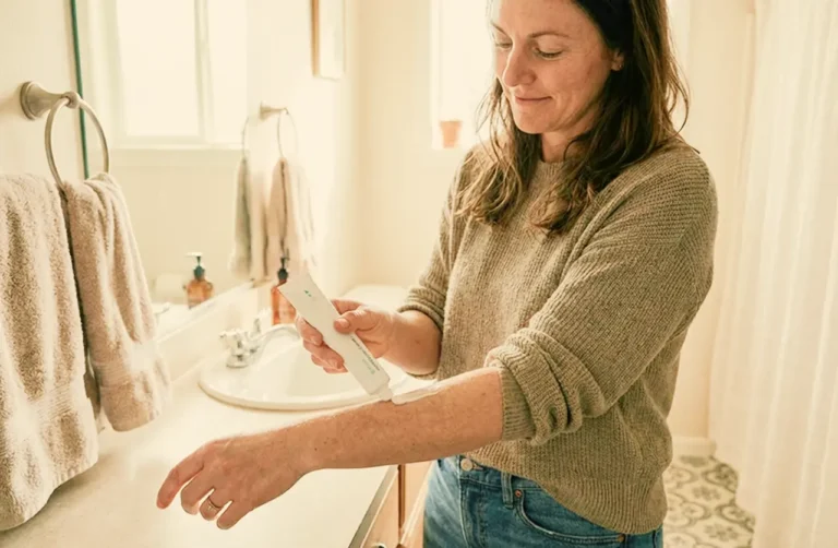 A woman applies a testosterone gel to her arm in her bathroom, one of several types of testosterone replacement therapy a QuickMD provider can prescribe for women.