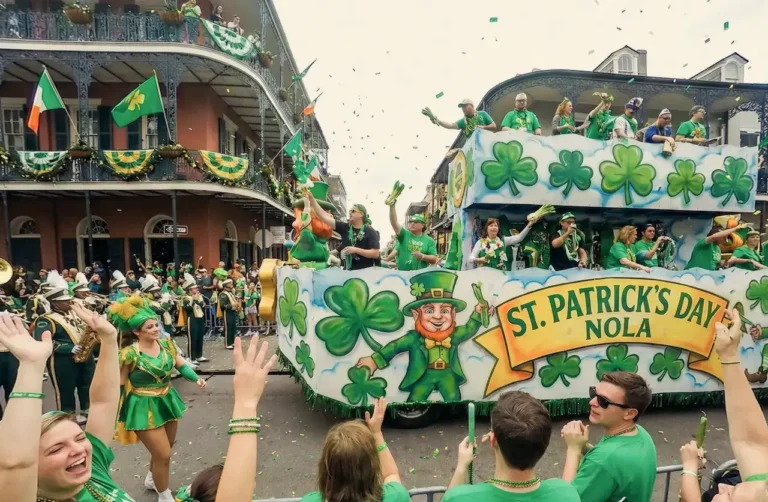 St. Patrick&rsquo;s Day parade with people dressed in green celebrating as a shamrock-themed float passes by.