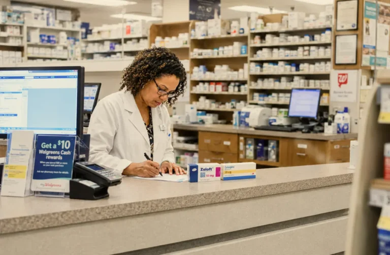 Pharmacist writing notes at Walgreens counter with Zoloft 50mg and Lexapro 10mg medication boxes displayed nearby