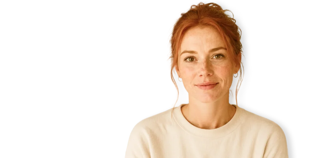 Smiling woman in a cream sweater feeling better with online mental health care