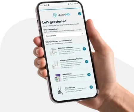 QuickMD app onboarding screen listing online care services by state