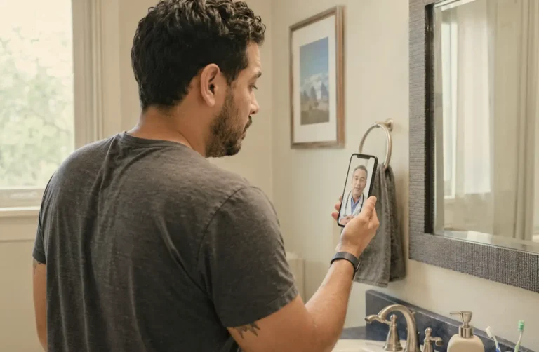 Man having his first Suboxone telehealth appointment, video calling a doctor on his smartphone in a bathroom.
