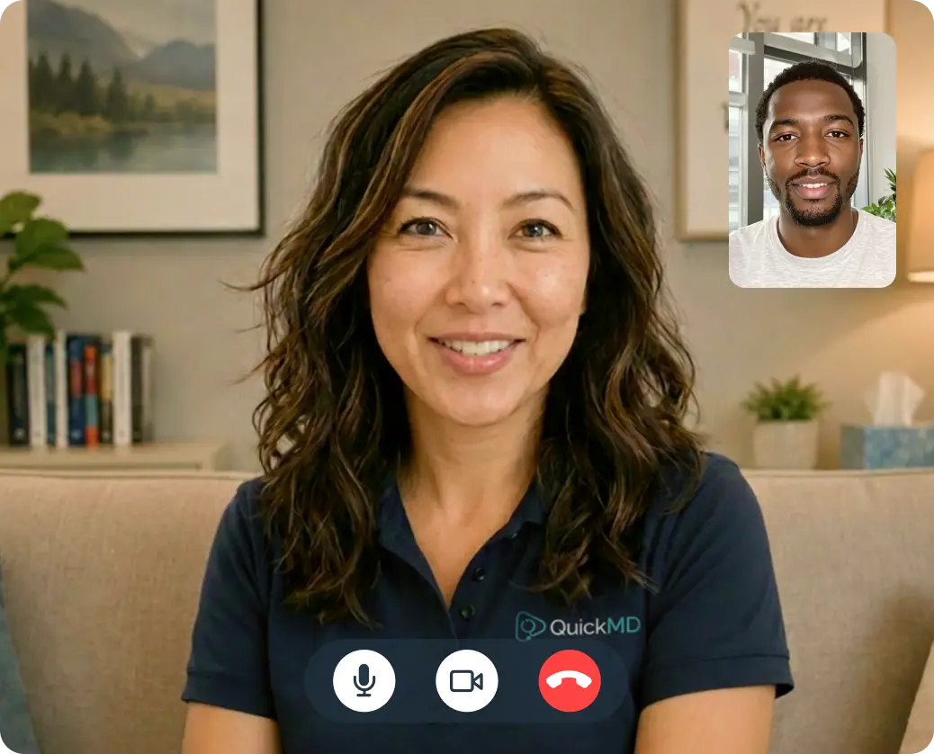 QuickMD provider smiling during a peer support group video call with a patient visible in a thumbnail overlay