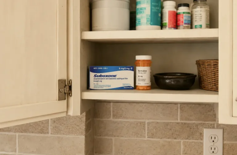 suboxone-8mg-2mg-box-and-sertraline-50mg-antidepressant-bottle-stored-together-in-a-kitchen-medicine-cabinet