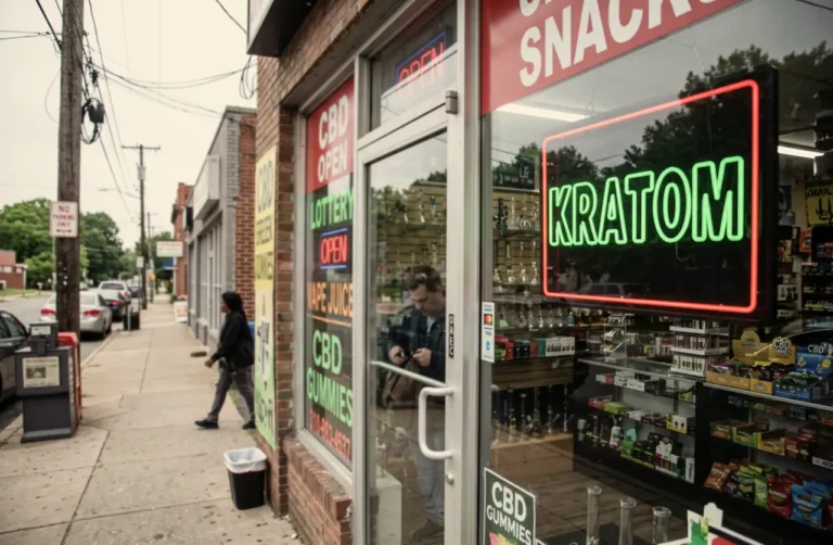 street-level-convenience-store-with-glowing-green-neon-kratom-sign-selling-cbd-vape-juice-and-snacks-on-a-urban-sidewalk