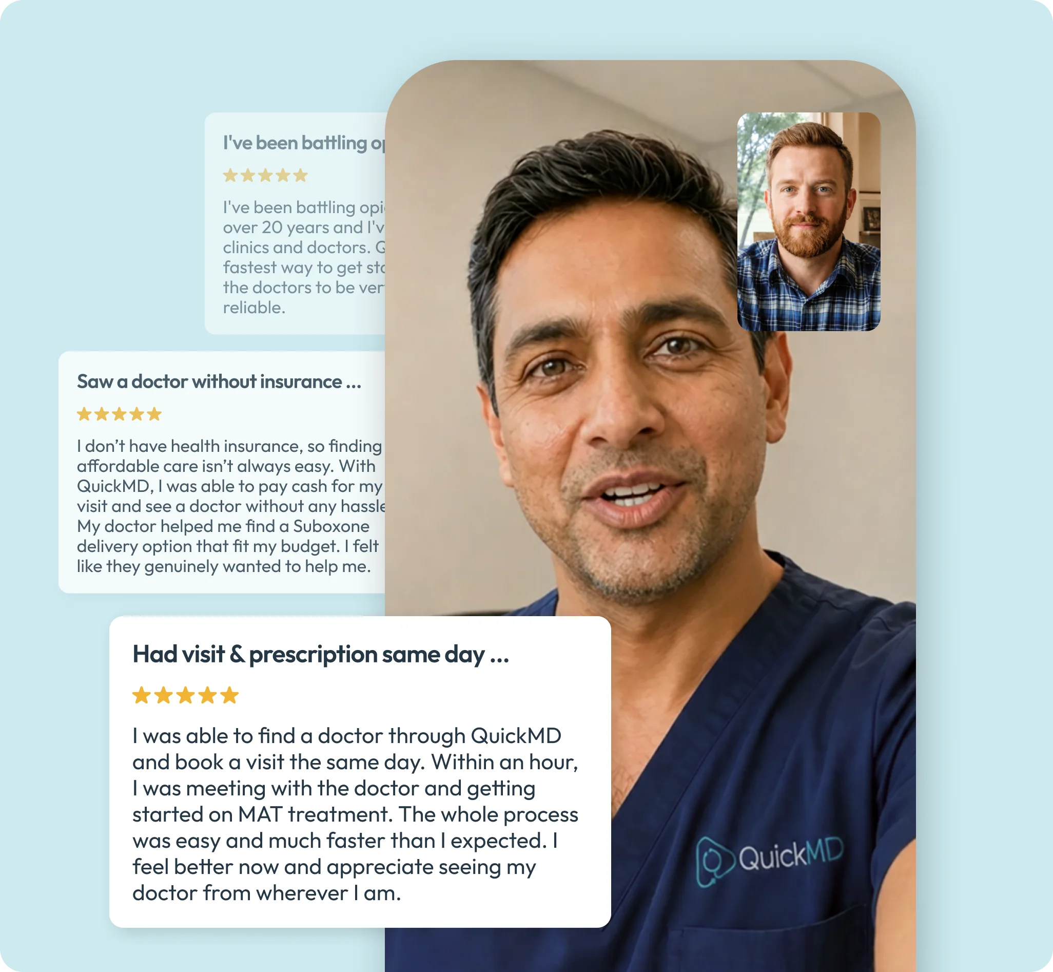 QuickMD doctor conducting a telehealth video visit for MAT treatment with five-star patient reviews overlay