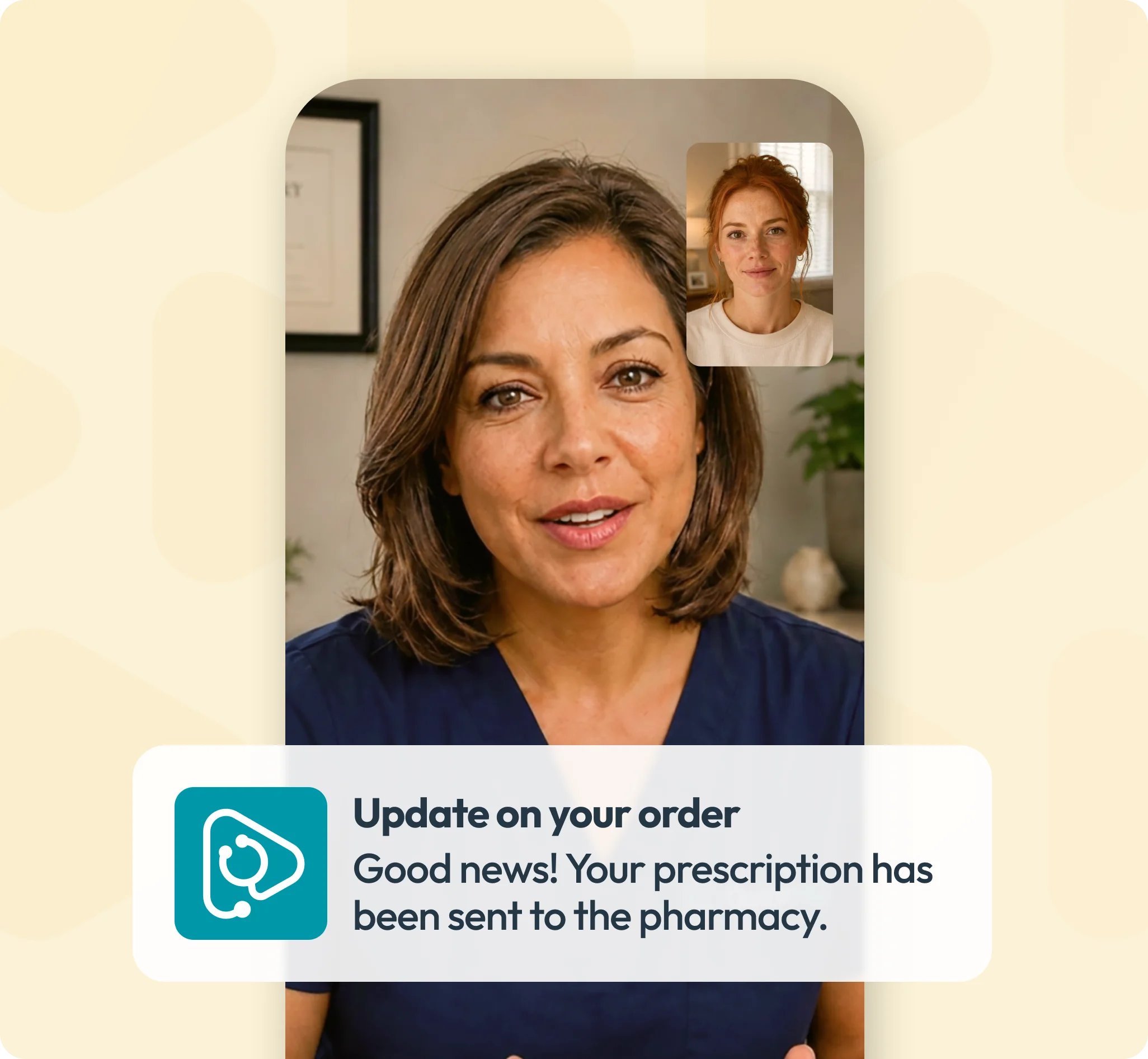 QuickMD telehealth video consultation with a doctor in scrubs and patient, showing a prescription sent to pharmacy notification