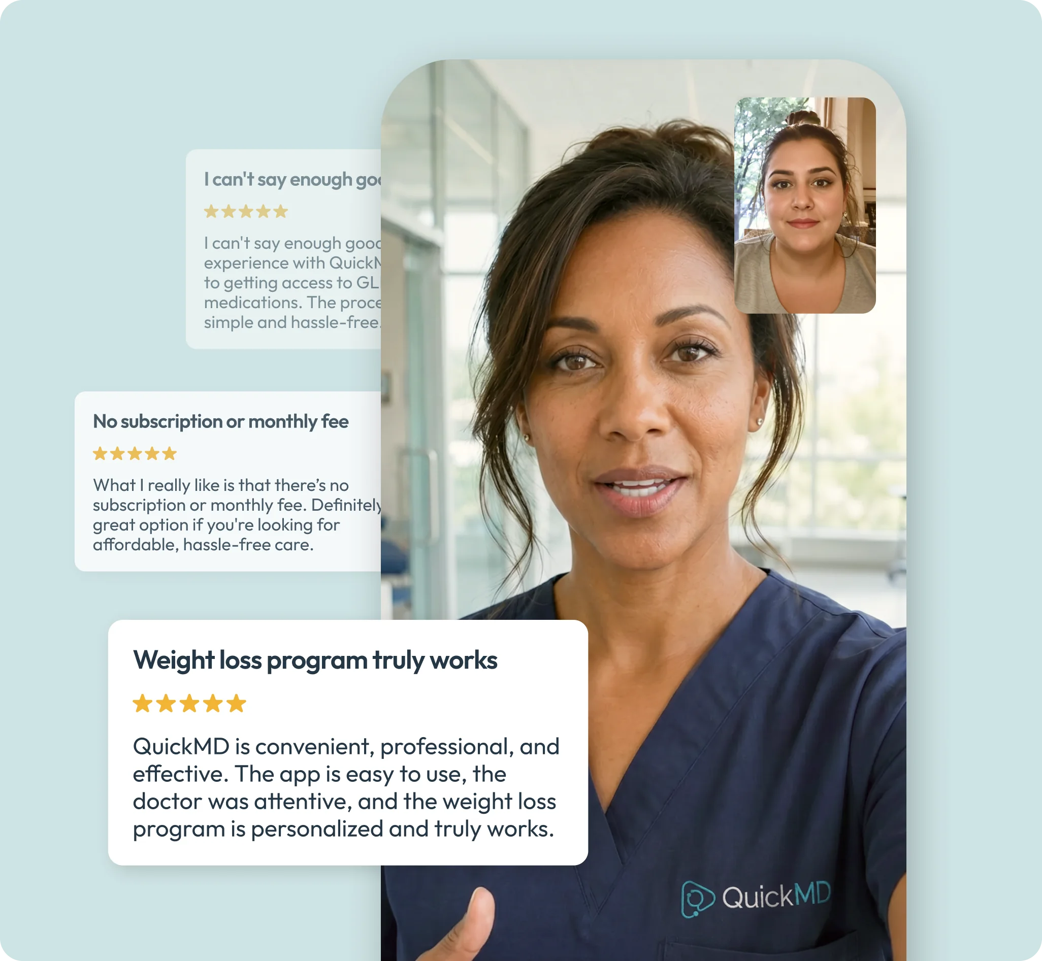 QuickMD doctor on video call with patient reviewing 5-star GLP-1 weight loss program testimonials