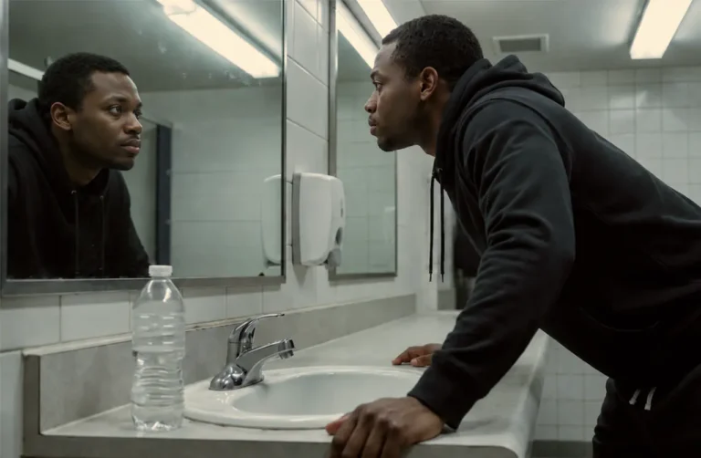 man-in-black-hoodie-leaning-over-bathroom-sink-staring-at-mirror-looking-distressed-during-kratom-withdrawal-symptoms