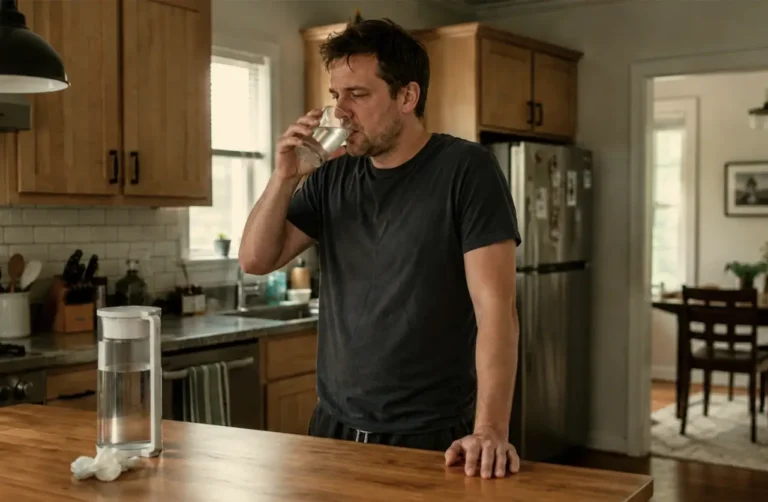 Man-in-black-t-shirt-drinking-a-glass-of-water-in-a-home-kitchen-during-kratom-detox-recovery