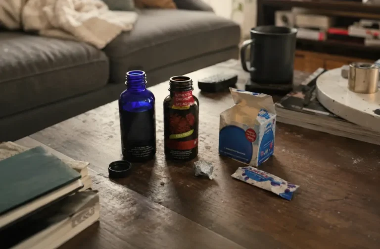 Kratom-extract-bottles-and-scattered-packaging-on-a-messy-coffee-table-illustrating-overdose-risks