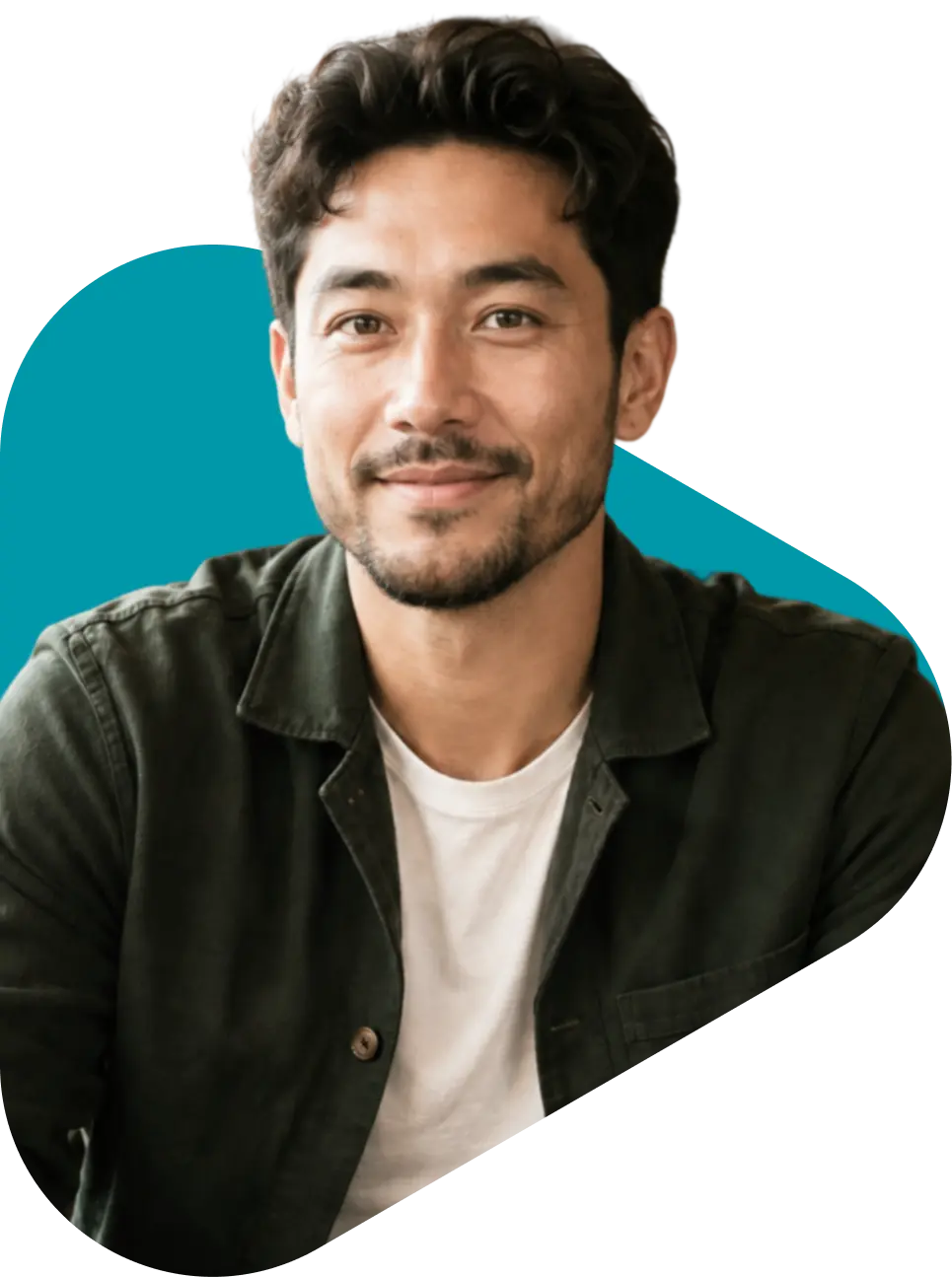 Smiling young man in a dark jacket over white t-shirt, QuickMD online counseling patient portrait with teal background accent