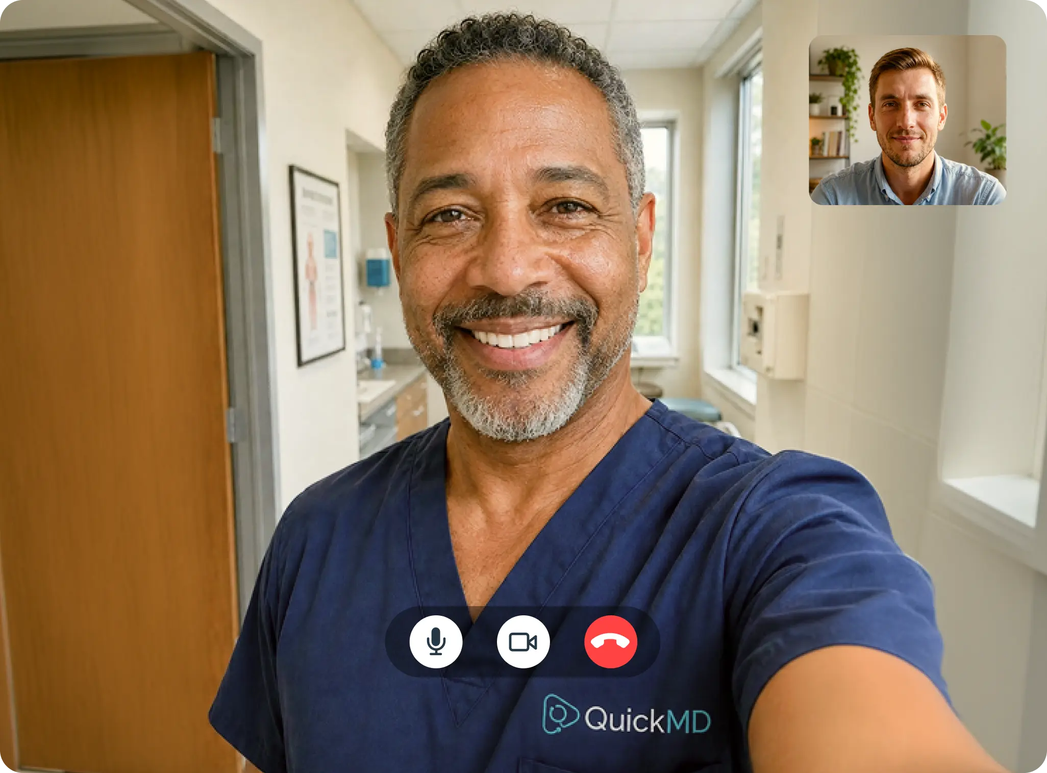 QuickMD doctor in scrubs conducting a telehealth video consultation with a patient for kratom treatment online.