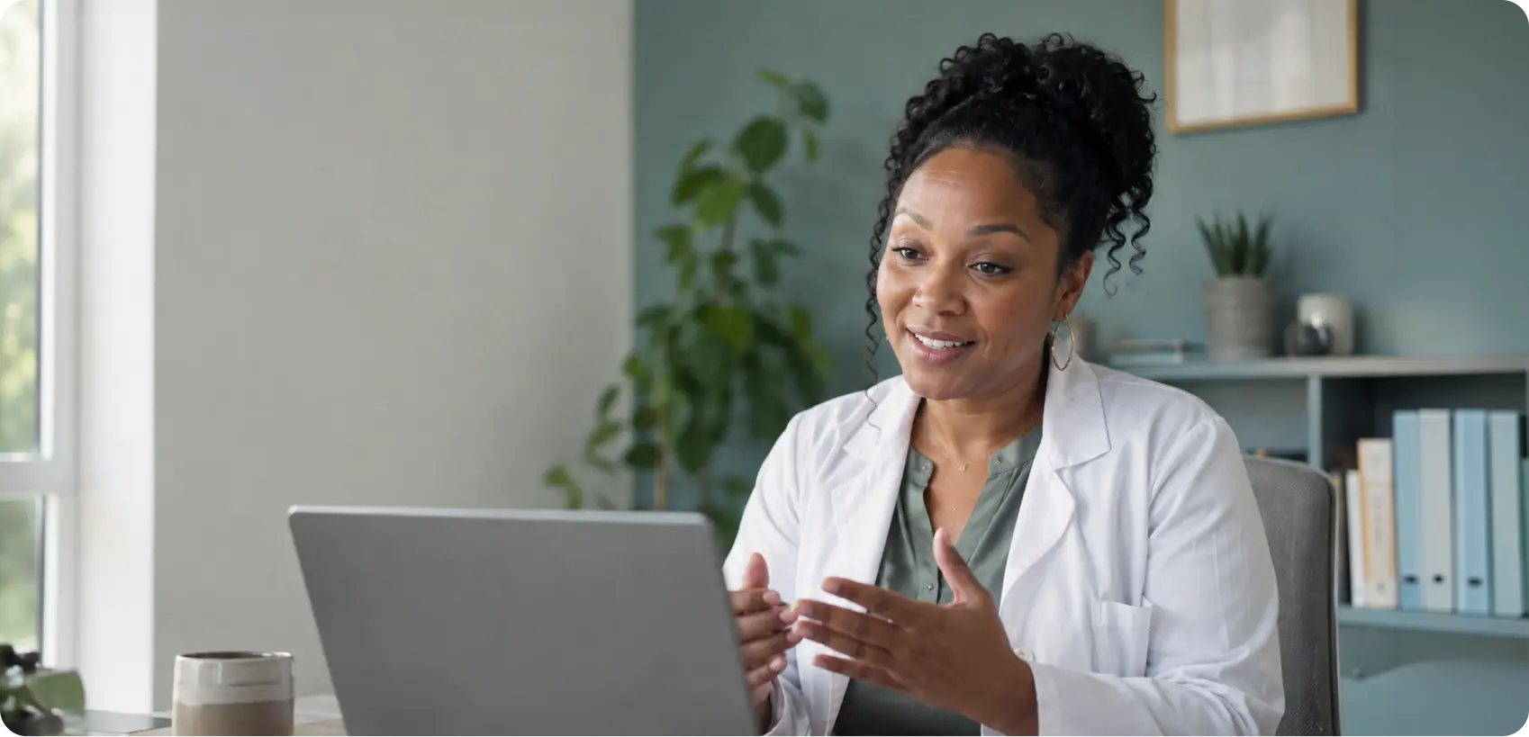 QuickMD telehealth doctor in white coat conducting online video consultation with patient via laptop