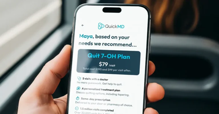 QuickMD-app-displaying-the-Quit-7-OH-Plan-at-$79-per-visit-on-a-smartphone-offering-personalized-kratom-cessation-treatment
