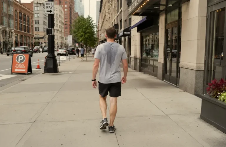 Man walking on city sidewalk with visible sweat stains on his gray t-shirt, illustrating Suboxone side effect of excessive sweating.