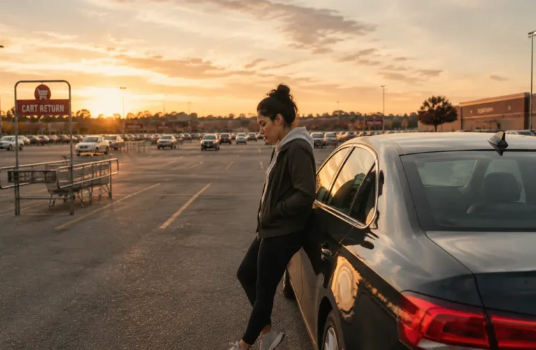 Woman leaning against her car in a store parking lot at sunset, looking down with a pensive expression.