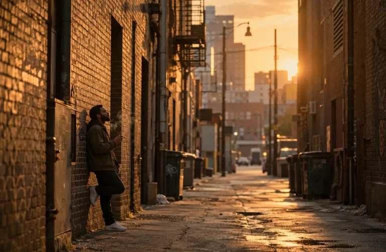 Man smoking a cigarette alone in an urban alley at sunset, leaning against a brick wall during addiction recovery