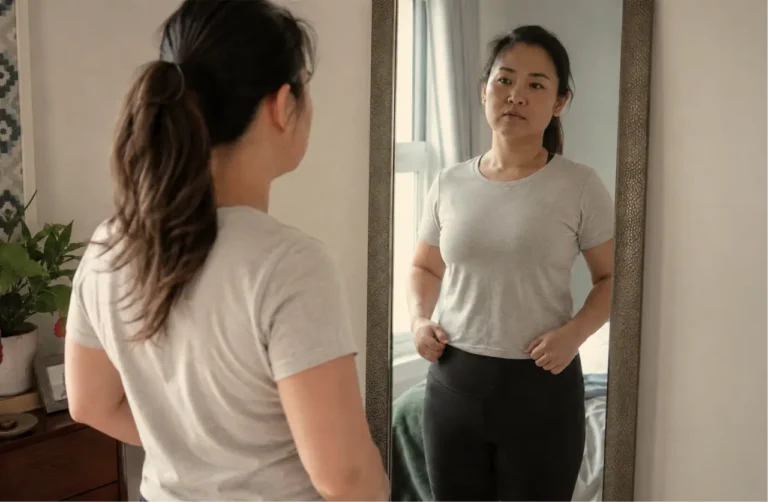 woman-looking-in-the-mirror-at-weight-considering-if-sertraline-is-causing-weight-gain