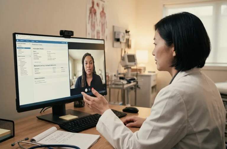 Doctor in a white coat on a video call with a patient, with prescription details and a medication list on screen beside the video.
