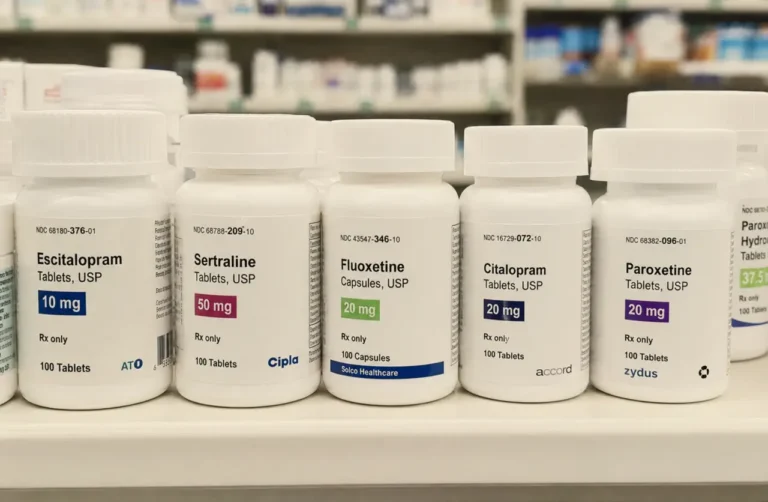 Multiple SSRI medication bottles including escitalopram, sertraline, fluoxetine, citalopram, and paroxetine on a pharmacy shelf