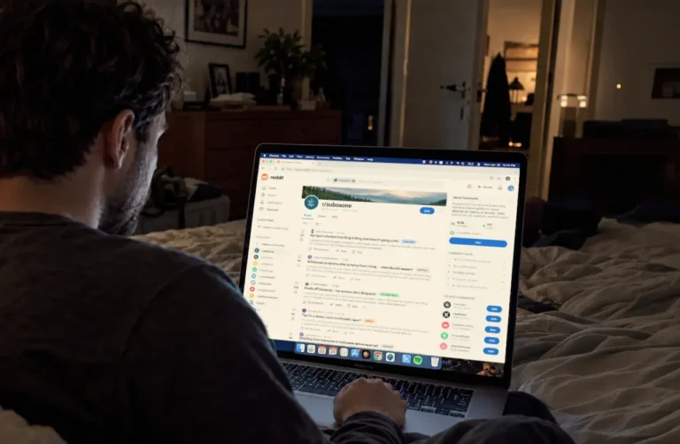 Man sitting on bed browsing the r/Suboxone subreddit on a laptop, researching tapering advice at night.