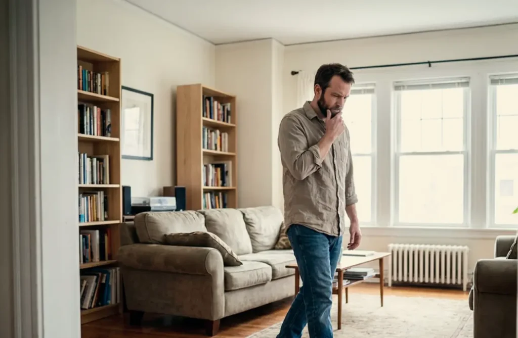 Man pacing in a living room looking restless and concerned, illustrating withdrawal symptoms and recovery challenges that may be managed with medications like gabapentin.