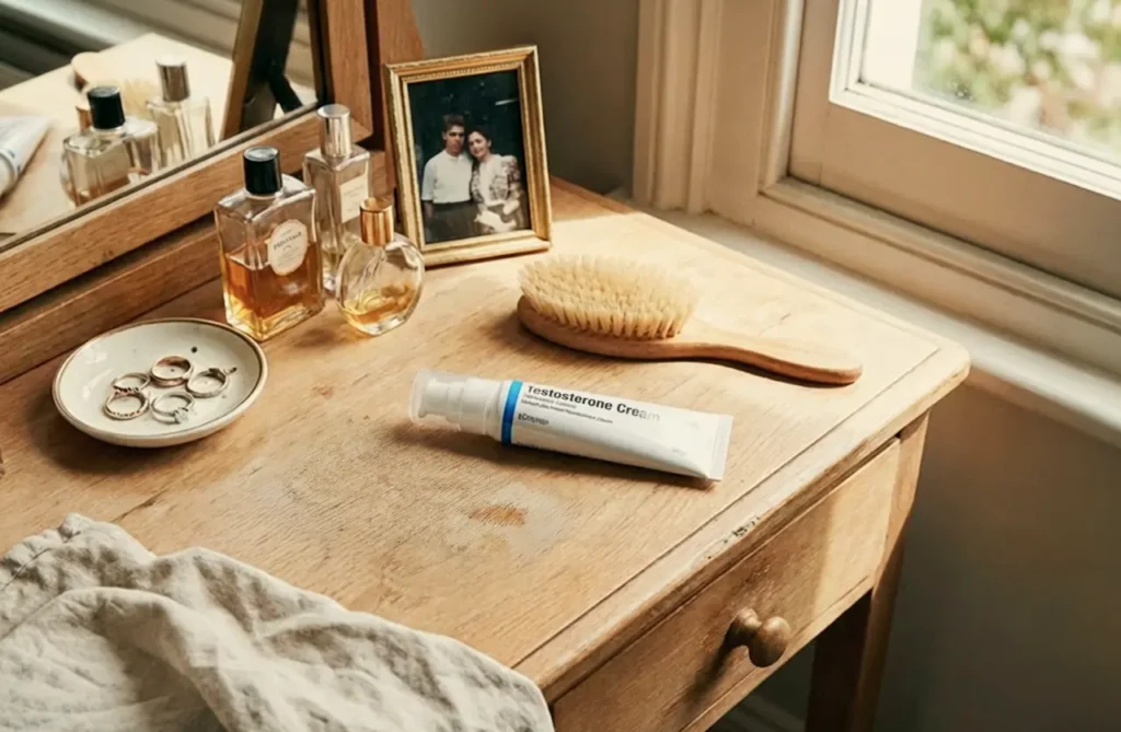 Testosterone cream on a bedside table with personal care items, illustrating hormone therapy options such as bioidentical hormones.