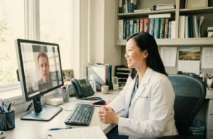 A doctor conducts a telehealth video appointment with a patient to discuss Suboxone treatment for opioid use disorder.