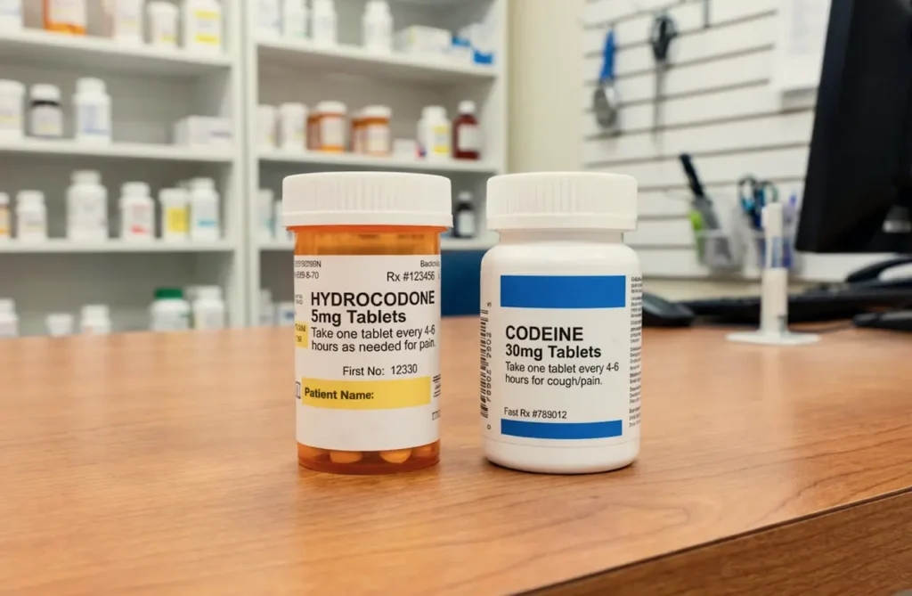 Codeine and Hydrocodone on pharmacy counter
