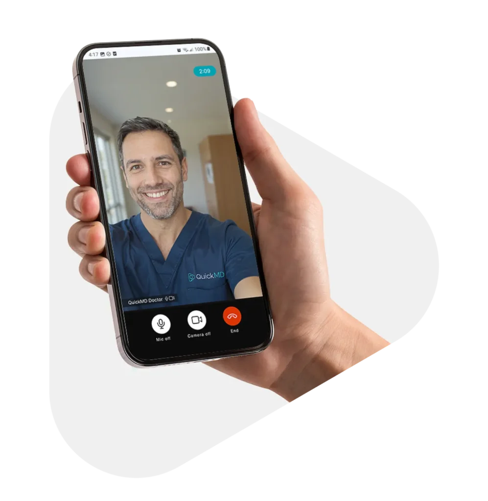 QuickMD app on smartphone displaying a QuickMD telehealth doctor