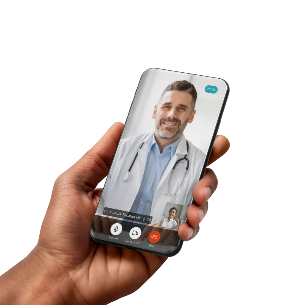 Person holding phone speaking to their QuickMD Provider