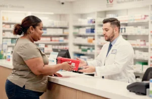 A patient hands a red sharps disposal container to a pharmacist at the pharmacy counter for safe needle disposal after GLP-1 injections