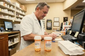 Pharmacist reviewing prescriptions at a pharmacy counter with oxycodone and hydrocodone bottles in the foreground, representing opioid medications managed through in-person and telehealth care like QuickMD.