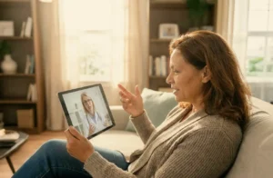 woman-in-living-room-speaking-to-doctor-on-tablet