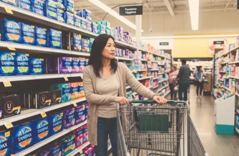 Woman pushing a shopping cart while browsing feminine hygiene products in a grocery store aisle.