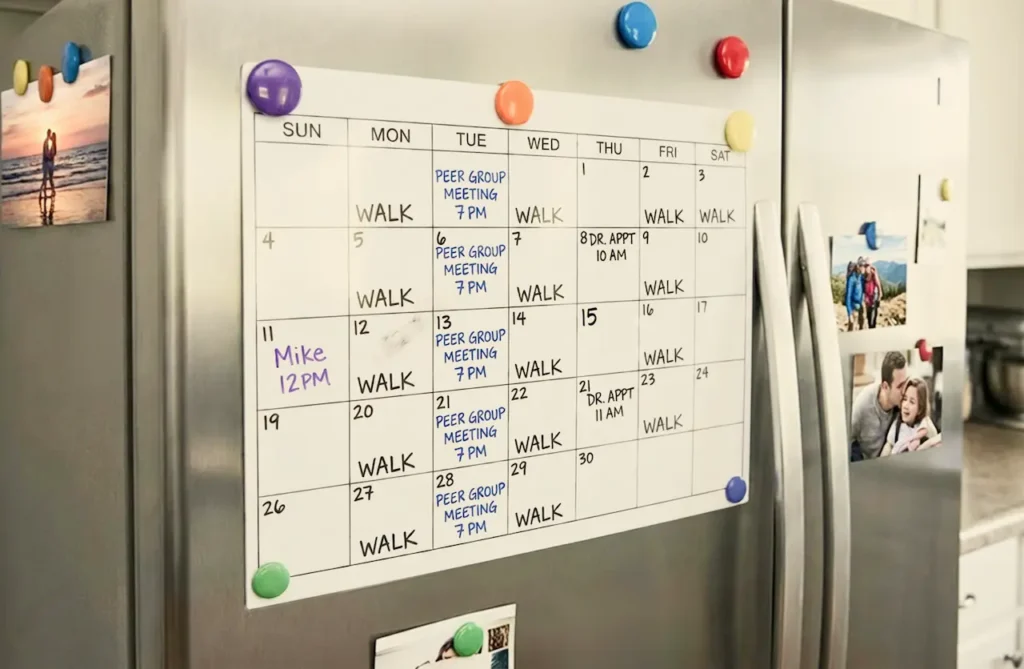 A monthly calendar on a refrigerator showing a structured recovery routine with weekly walks, peer group meetings, and doctor appointments.